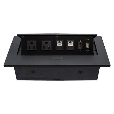 BROBOTIX CAJA PARA MESA: HDMI USB RJ45 CORRIENTE COLOR NEGRO - Gabinete de Conectividad para Mesa con Modulo de Conexiones 1 Puerto HDMI - 1 puerto USB V2.0 - 2 Puertos RJ45 CAT6 - 2 Puertos de corriente Nema 5-15
