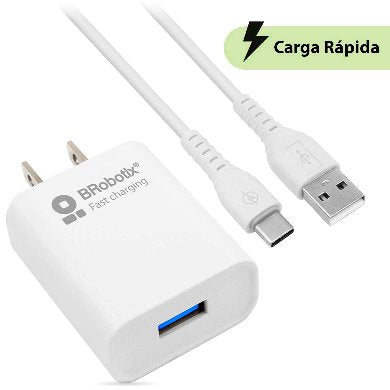 BROBOTIX ADAPTADOR DE CORRIENTE, CARGADOR DE PARED, COMBO USB DE CARGA RAPIDA, CARGADOR USB 3.0 PARA PARED + CABLE USB TIPO C COLOR BLANCO - Adaptador Cable Corriente Alimentacion Telefono Celular - USB Version 3.0 FAST CHARGING.