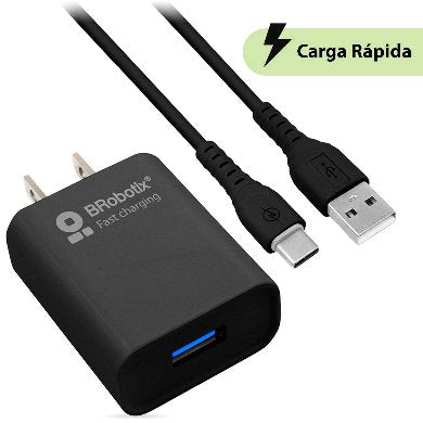 BROBOTIX COMBO USB DE CARGA RAPIDA CARGADOR USB 3.0 PARA PARED + CABLE USB TIPO C, DE 1 METRO COLOR NEGRO - Adaptador Cable Corriente Alimentacion Telefono Celular - USB Version 3.0 FAST CHARGING compatible iPad iPhone , Celular Samsung