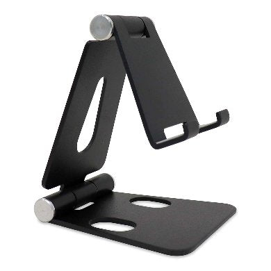 BRobotix SOPORTE DE ALUMINIO PLEGABLE PARA CELULAR O TABLETA - Base plegable portátil para dispositivos móviles, tablet, Soporte de escritorio compatible con telefonos Apple® iPhone® Samsung® Galaxy® Lenovo® Honor® Motorola® Huawei® Xiaomi® Color Negro