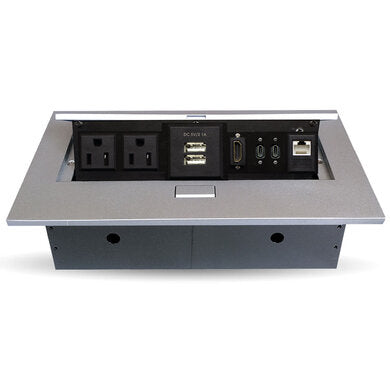 BROBOTIX CAJA PARA MESA CON PUERTOS HDMI, USB-A, USB-C, RJ45 CAT6 Y CORRIENTE ELÉCTRICA, INCLUYE BOTÓN DE APERTURA, COLOR PLATA.