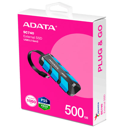UNIDAD DE ESTADO SOLIDO PORTATIL ADATA SC740 DE 500GB USB 3.2 COLOR AZUL.