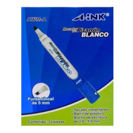 Marcador A-Ink Pizarrón Blanco Punta Cincel 5mm Color Azul C/12 Pzas