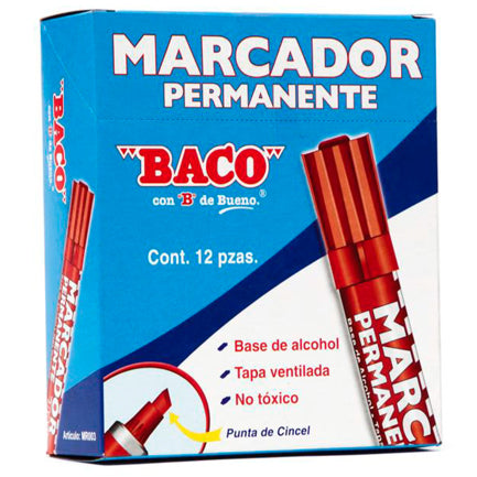 MARCADOR BACO PERMANENTE TUBO ALUMINIO ROJO PQTE/12