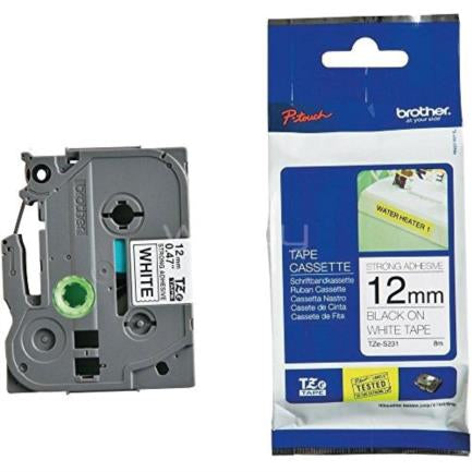Cinta Brother TZeS231 Laminada Súper Adhesiva Texto Negro Fondo Blanco 12mmx8m