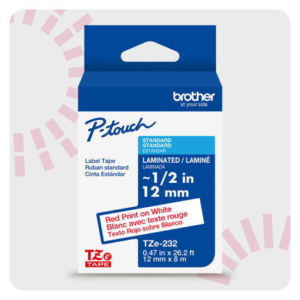Cinta Laminada Brother Estandar Texto rojo sobre cinta blanca de 12mm x 8m