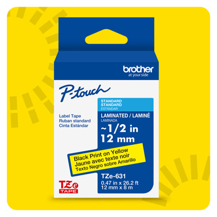 Cinta Laminada Brother Estandar Texto negro sobre cinta amarilla de 12mm x 8m