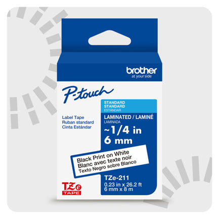 Cinta Laminada Brother Estandar Texto negro sobre cinta blanca de 6mm x 8m