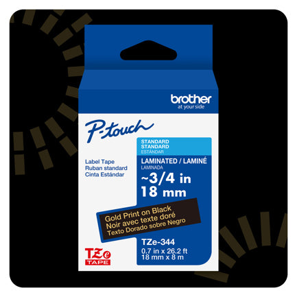 Cinta Laminada Brother Estándar Texto Dorado sobre Cinta Negra de 18mm x 8m