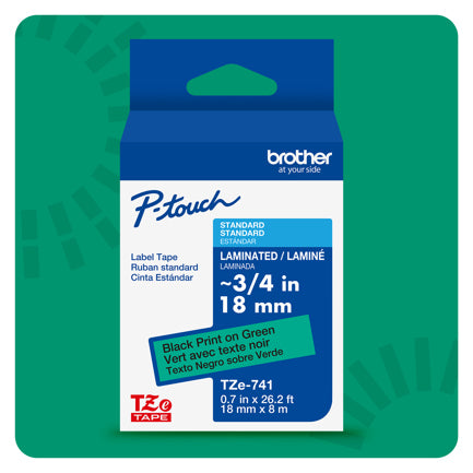 Cinta Laminada Brother Estandar Texto negro sobre cinta verde de 18mm x 8m