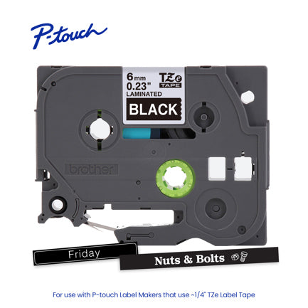 Cinta Laminada Brother Estandar Texto blanco sobre cinta negra de 6mm x 8m