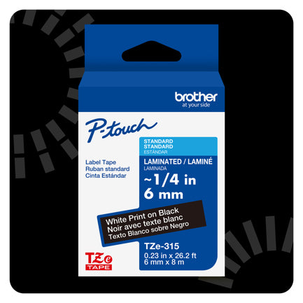 Cinta Laminada Brother Estandar Texto blanco sobre cinta negra de 6mm x 8m
