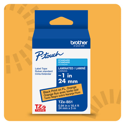 Cinta Laminada Brother Estandar Texto negro sobre cinta naranja fluorescente de 18mm x 5m