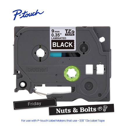 Cinta Laminada Brother Estandar Texto blanco sobre cinta negra de 9mm x 8m