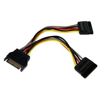 BROBOTIX CABLE SATA PARA CORRIENTE, DOBLE A 0.6" - Una conexión SATA de 15 pines macho a dos SATA 15 pines hembra - 15 Centimetros