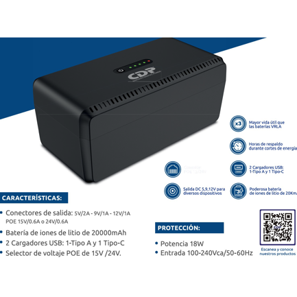 UPS CC CDP MiniUPS20KmAh - 18W - Compacto - 120 V AC, 230 V AC Entrada - 5 V DC, 12 V DC Salida - USB