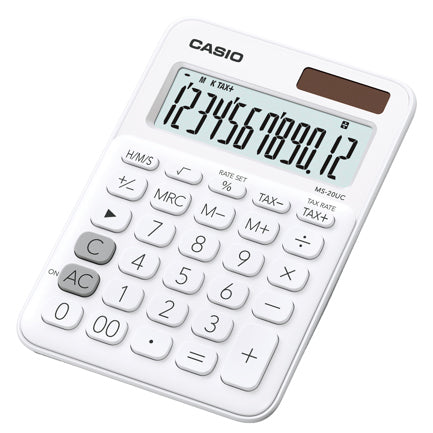 Calculadora de Escritorio Casio MS-20UC de 12 digitos blanca calculo de impuestos y de tiempo doble alimentacion
