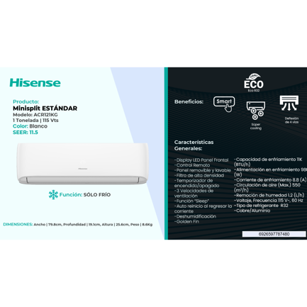 Minisplit Hisense ACR121KG Estándar 11000 BTU Solo Frío 110V R32