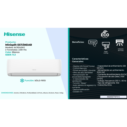 Minisplit Hisense ACR242KG Estándar 22000 BTU Solo Frío 220V R32