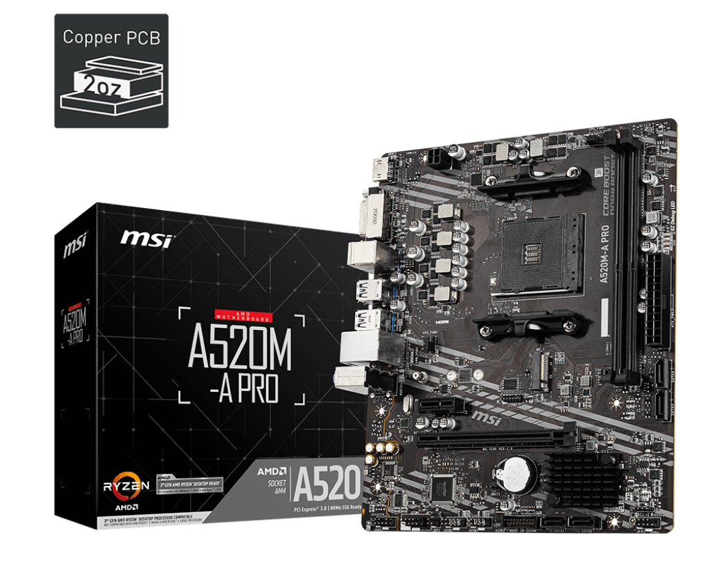 Tarjeta Madre MSI micro ATX A520M-A PRO S-AM4 AMD A520 HDMI 64GB DDR4 para AMD BIOS Actualizada para Serie Ryzen 5000