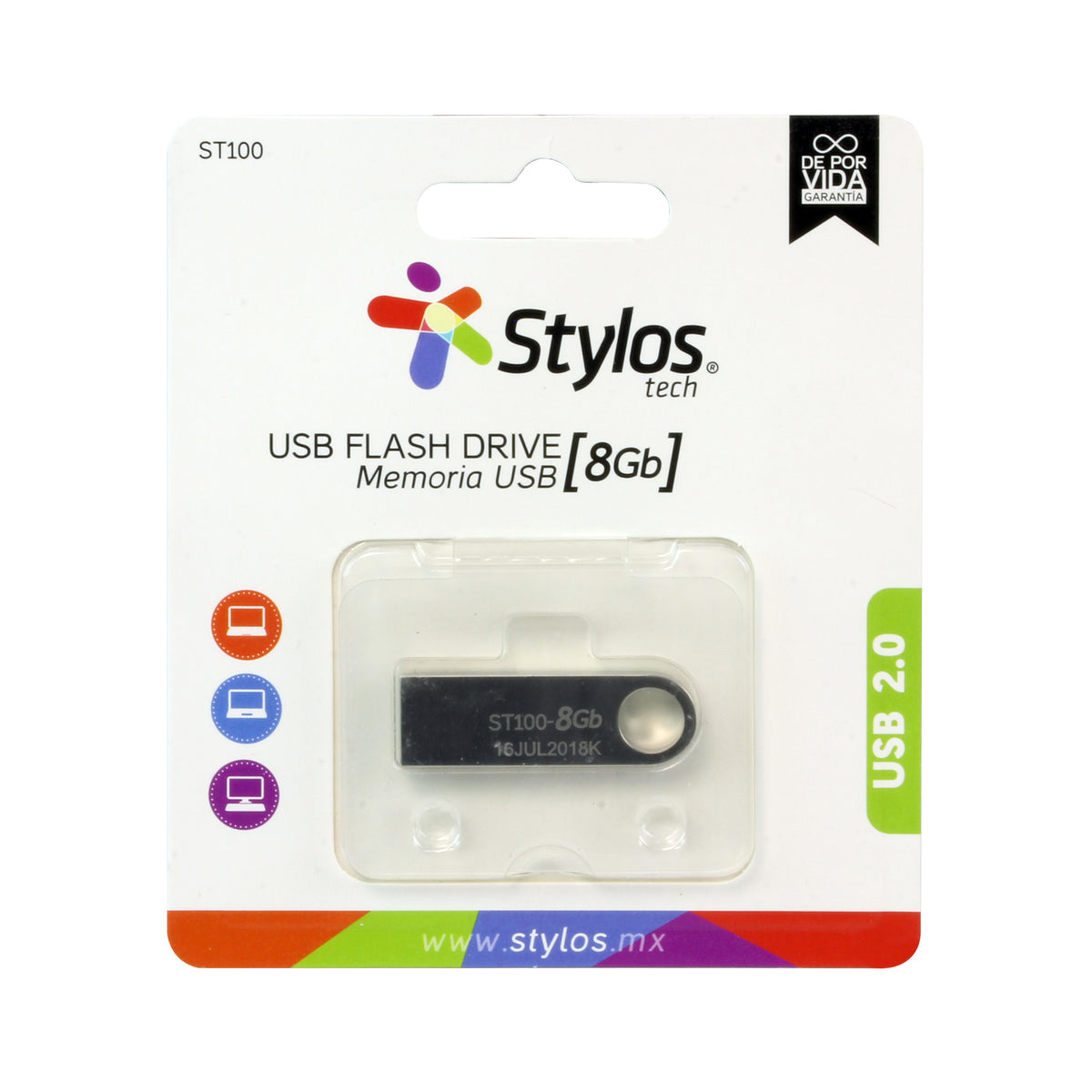 Unidad flash Stylos - 8GB - USB 2.0 - Plata - 1Año(s) Garantía