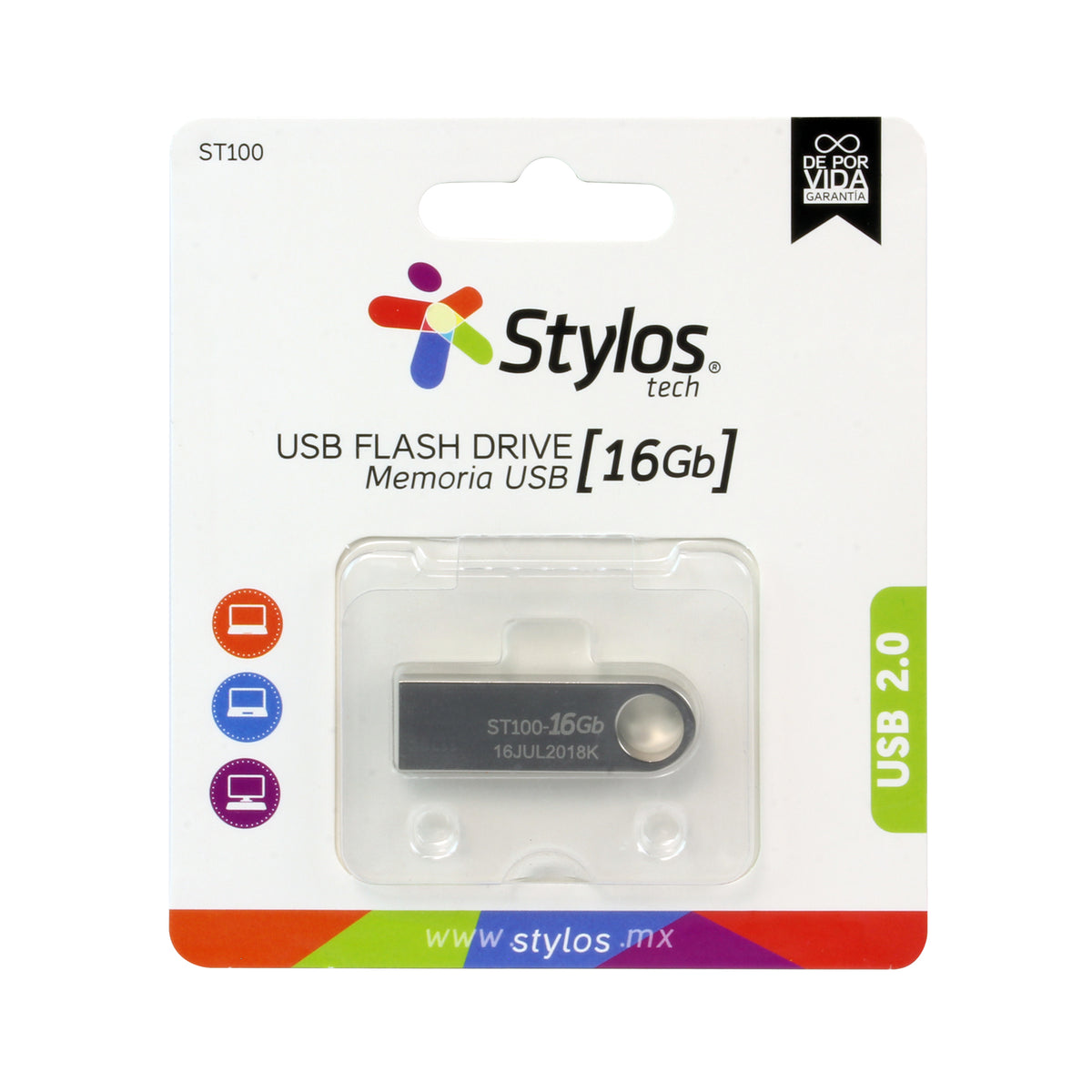 Unidad flash Stylos - 16GB - USB 2.0 Tipe A - Plata - 1Año(s) Garantía - 1 / Pieza