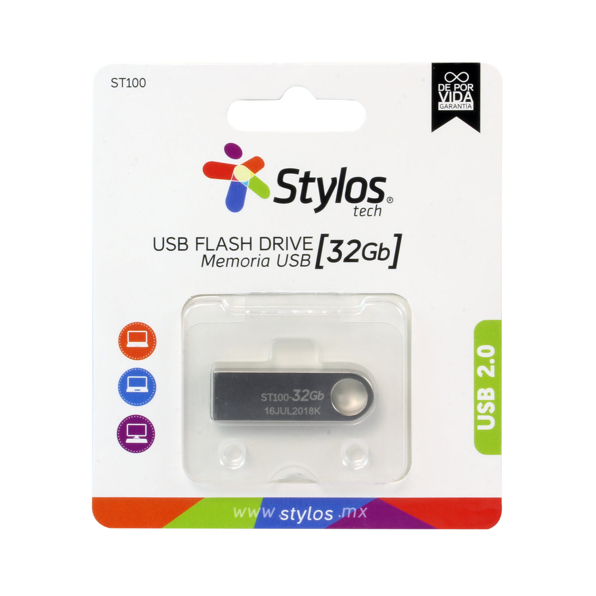 Unidad flash Stylos - 32GB - USB 2.0 - Plata - 1Año(s) Garantía