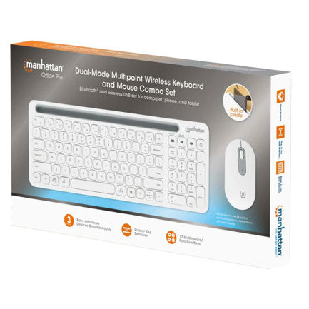 Teclado y Mouse Optico Inalambrico Manhattan 2.4G y Bluetooth Blanco Combo Tecla Tijera