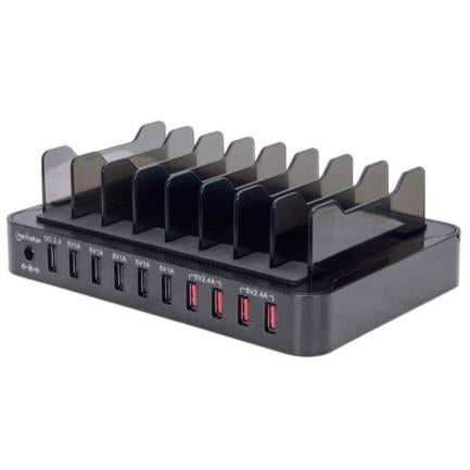 Estación de Carga Manhattan USB 10 Puertos Carga Rápida Color Negro