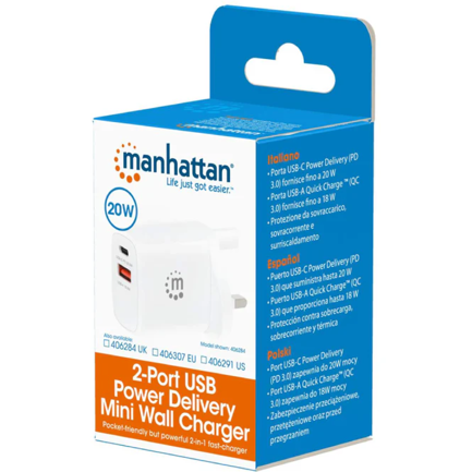Cargador de Pared Manhattan 20W USB-C PD (20W) y USB-A QC (18W)