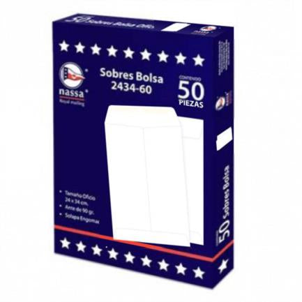 Sobre Bolsa Nassa Bond Blanco 2434 Oficio 24 X 34 cm Caja con 8 paquetes de 50 sobres c/u