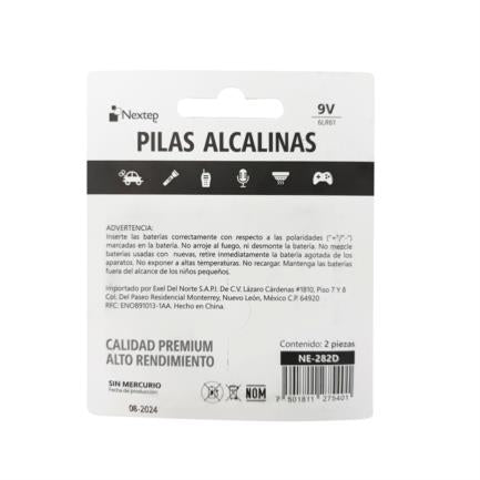 Pilas Nextep 9V Alcalinas Cuadrada 6LR61 c/2 Piezas