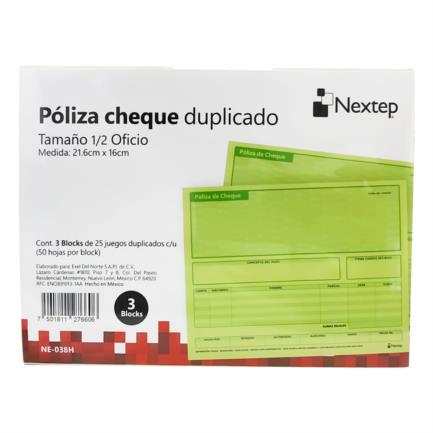 Poliza Cheque Nextep 1/2 Oficio 3 Blocks 25 Juegos Duplicados CU