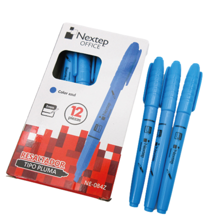Marcador Nextep Resaltador Tipo Pluma Punta Cincel Color Azul C/12 Pzas