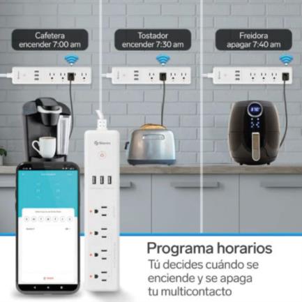 Barra Steren Multicontacto Wi-Fi de 4 Salidas Horizontales y Triple Cargador USB Color Blanco