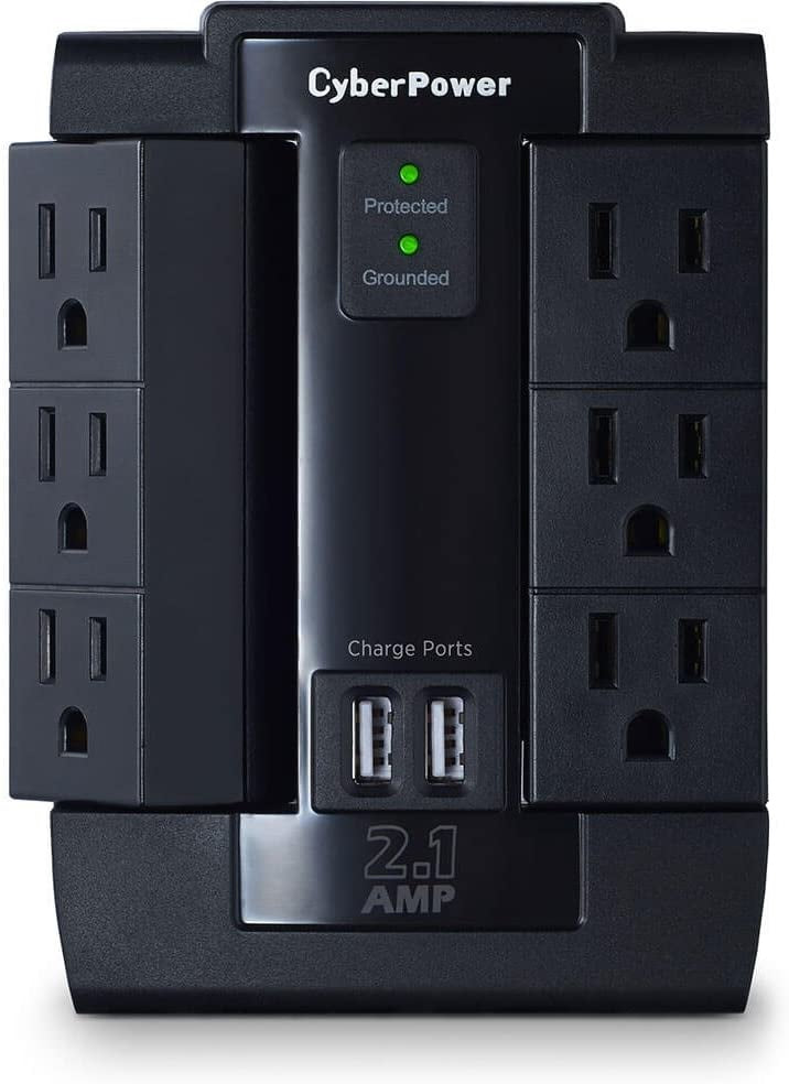 Supresor/Protector de Sobretensión CyberPowerPC P600WSURC1 - NEMA 5-15P - 6 x NEMA 5-15R, 2 x USB tipo A - 1500J - 125 V AC - Entrada5 V DC Salida - 15kA - Montaje en pared