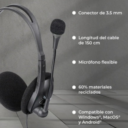 Diadema TechZone con Micrófono y Conexión 3.55mm Negro