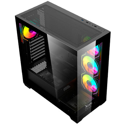 Gabinete Gamer Mid Tower Xzeal ATX Panel Der. Vidrio + Metal 2xUSB1.0 + 1xUSD3.0 + 3.5 mm + 4 ARGB Fans + 1 HUB Negro