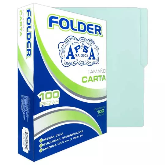 Folder verde APSA tamaño carta , paquet e con 100 piezas