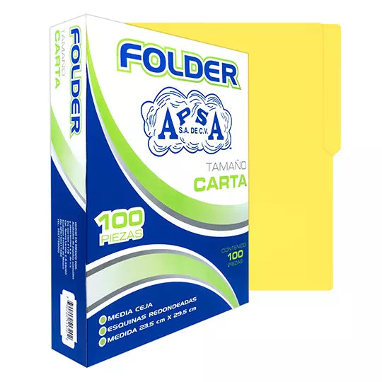 Folder canario APSA tamaño carta , paqu ete con 100 piezas