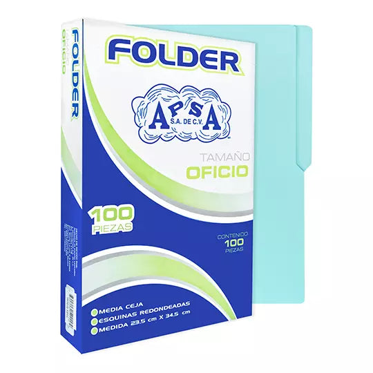 Folder azul APSA tamaño oficio , paquet e con 100 piezas