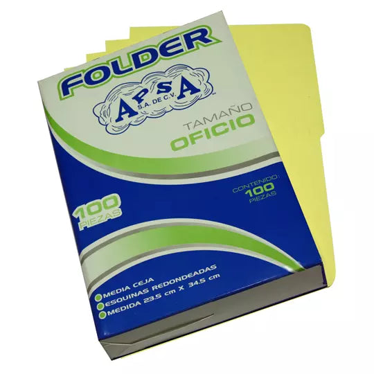 Folder canario APSA tamaño oficio , paq uete con 100 piezas