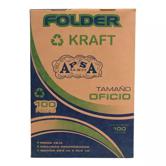 Folder kraft APSA tamaño oficio , paqu ete con 100 piezas