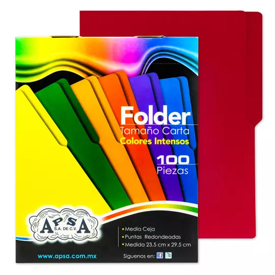 Folder rojo intenso APSA tamaño carta , paquete con 100 piezas