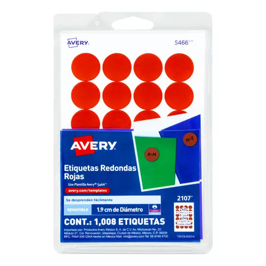 Etiqueta redonda removible rojo AVERY co n tecnología laser/inkjet