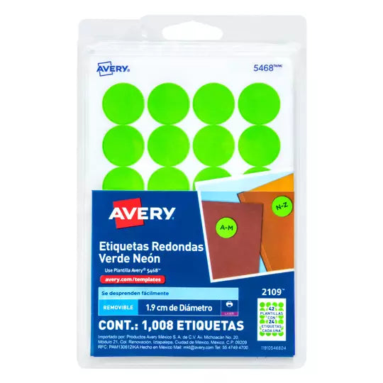 Etiqueta redonda removible verde neon AV ERY con tecnología laser/inkjet