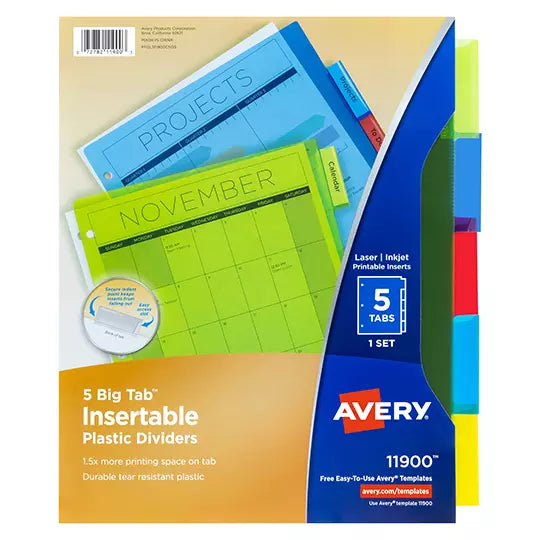 Separador plástico carta 5 divisiones AV ERY tecnología laser/inkjet