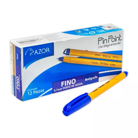 Bolígrafo fino Pin Point 0.7 mm color az ul cuerpo amarillo caja con 12 pzas