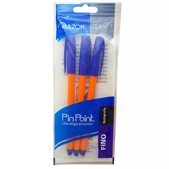 Bolígrafo fino Pin Point 0.7 mm color az ul cuerpo amarillo empaque con 3 pzas