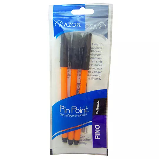 Bolígrafo fino Pin Point 0.7 mm color ne gro cuerpo amarillo empaque con 3 pzas